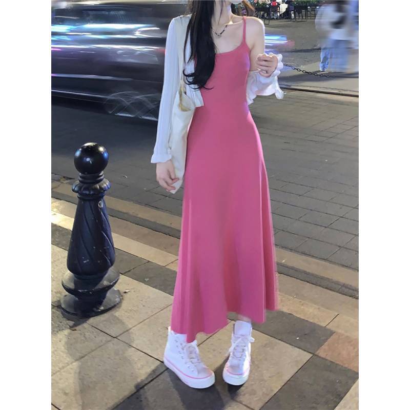 2025 New Rose Red Suspender Dress Women's Summer Slim Hot Girl Outerwear Waist Slimming Long Skirt