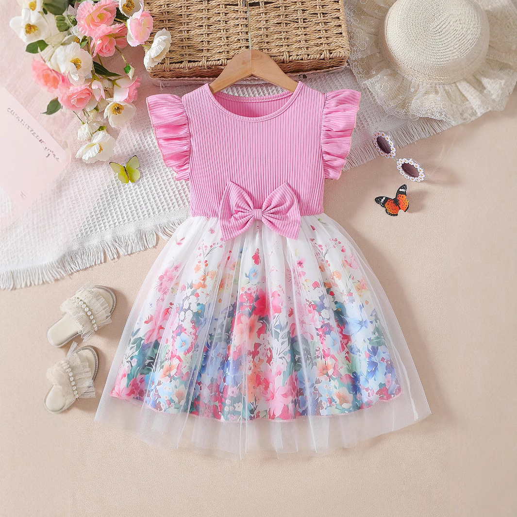 Picture of Foreign Trade Cross-border Girls Summer Small Flying Sleeve Waist Bow Design Stitching Mesh Elegant Princess Dress Trendy