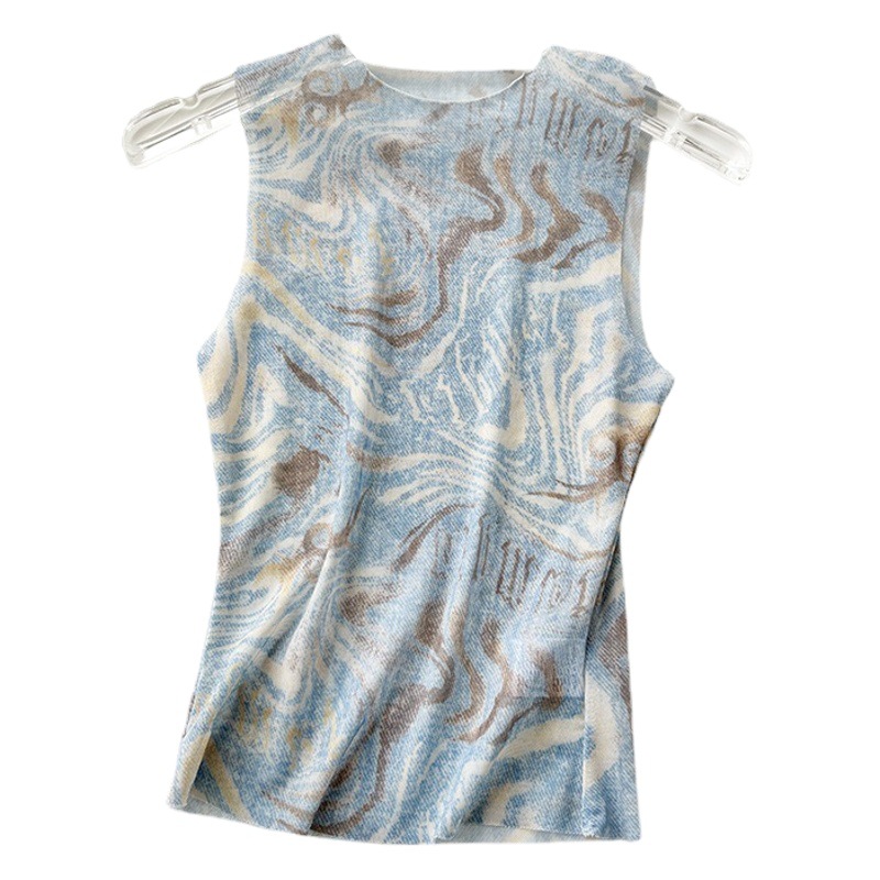 2023 New Perspective Blue Marble Striped Printed Vest Women's Summer Slim-fit Short Sleeveless Mesh Top 3201