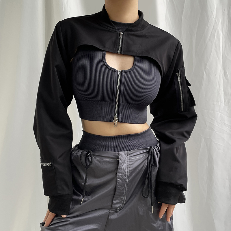 Cross-border foreign trade 2024 retro motorcycle zipper stitching pocket ultra-short woven jacket hot girl outer wear blouse coat