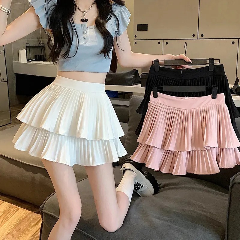 2024 Spring and Summer New Ruffled Black Skirt Women's Slimming Double Cake Skirt Stylishly High Waist Short Puffy