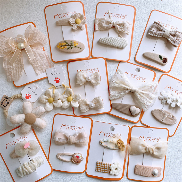 Milk Apricot Bow Hairpin Cute Children's Embroidered Hairpin Bangs Side Broken Hair BB Clip Girls' Flower Hairband