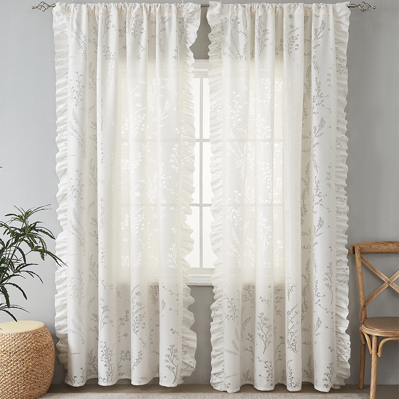 Beige reed flower lace curtain gauze curtain American white half curtain curtain cotton and linen kitchen partition short curtain wearing rod method