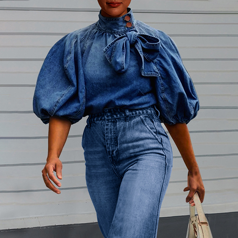 Cross-Border 2025 New Amazon Denim Top Gradient Color Casual Loose High Collar Temperament Five-Quarter Sleeve Bubble Embroidery for Women