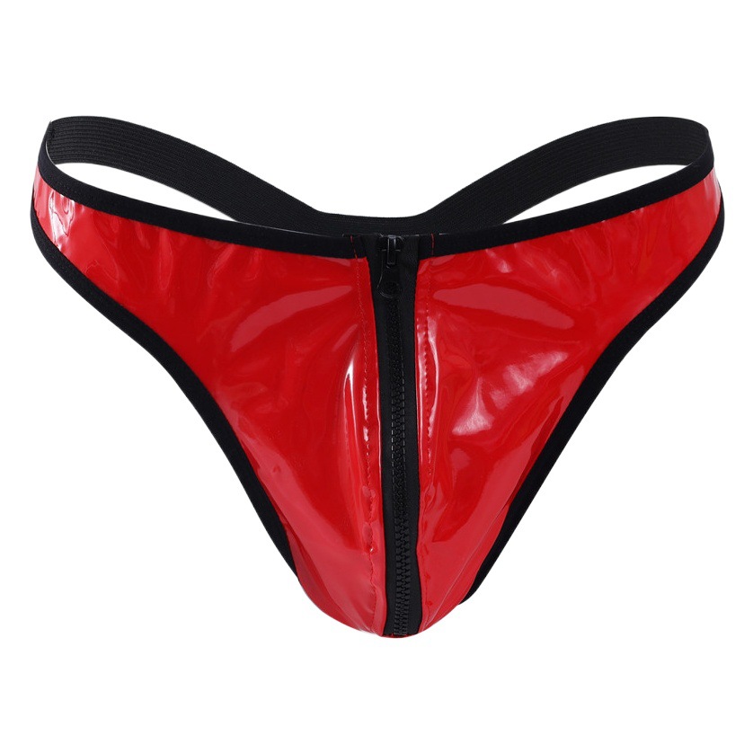 European and American sexy bright PU leather pants men's bright leather underwear zipper men's thong bodybuilding underwear pole dance performance