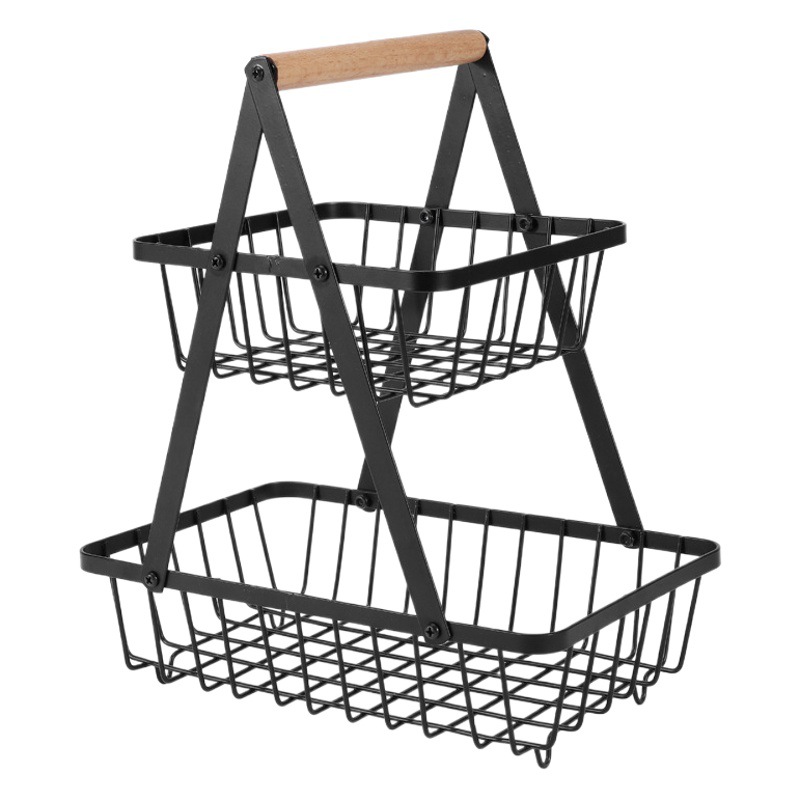 Outdoor Fruit Basket Double-layer Storage Rack Camping Portable picnic Basket Storage Basket Camping Iron Basket Wine Rack