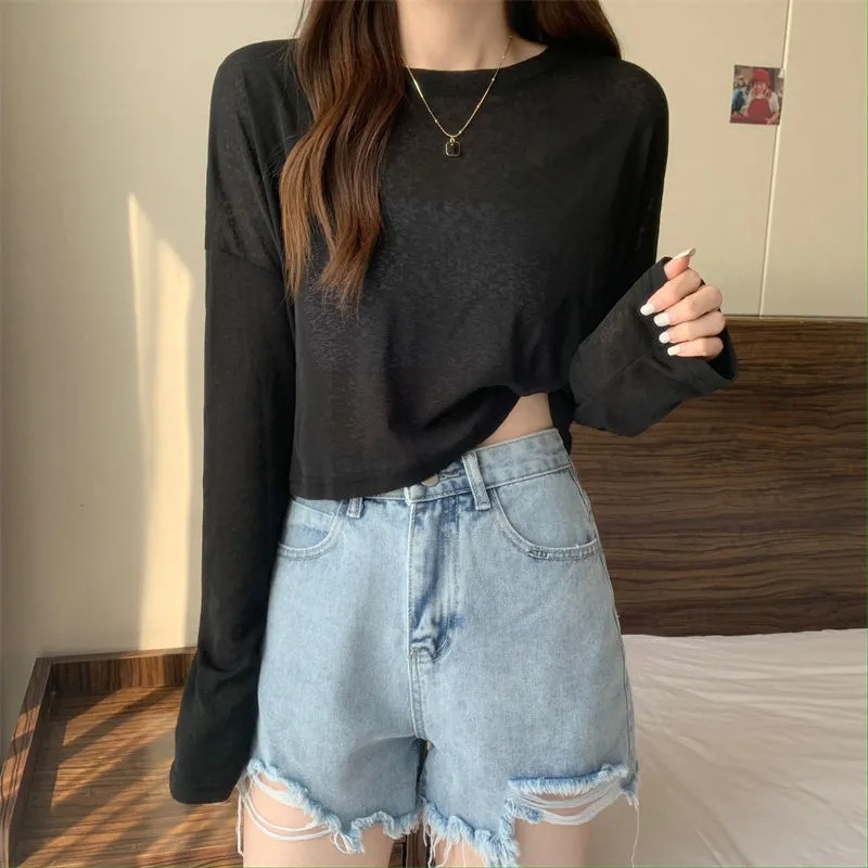 Sunscreen Clothing Long-sleeved T-shirt Women's New Summer Ice Silk Korean-style All-match Loose Thin Air-conditioning Shirt Top Short Ins