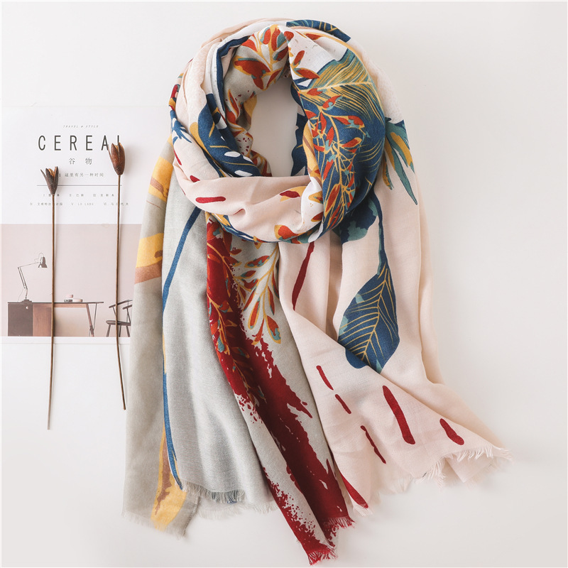 Export Single 2018 Summer Cotton and Linen Scarf Plant Flower Pattern Sunscreen Large Shawl Silk Scarf Beach Towel Women