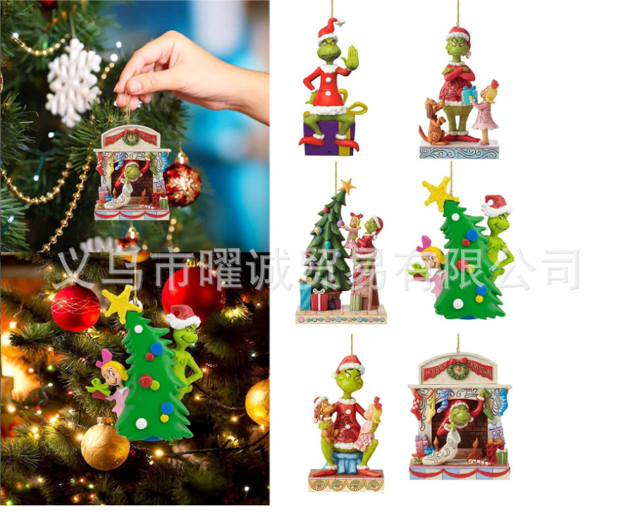 2023 new glitch cartoon green fur monster acrylic pendant 6 pieces suit in stock Christmas decoration