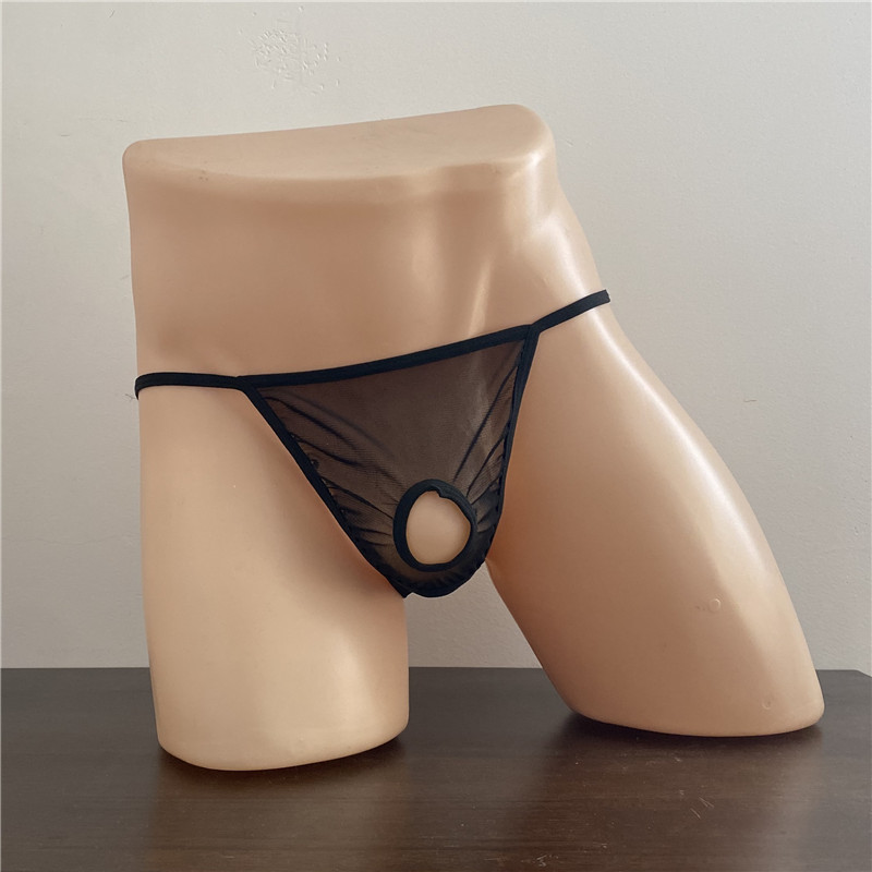 Men's vulnerability double thong hollow-out sexy transparent vulnerability hole pants stretch mesh T pants thong for wholesale