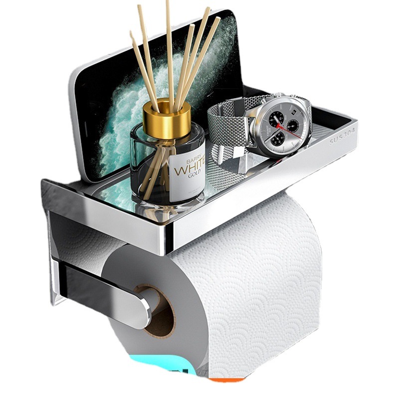 Picture of Punch-free Roll Paper Holder 304 Stainless Steel Wall-mounted Mobile Phone Rack Toilet Roll Paper Box Toilet Tissue Holder