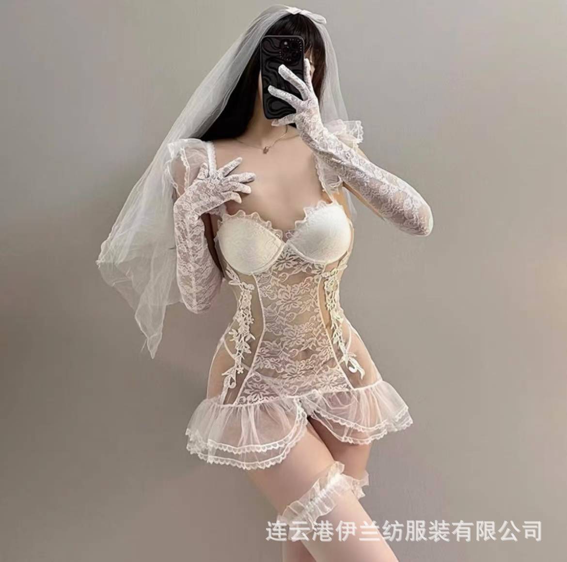 With Chest Pad Steel Ring Gather Lace Perspective Mesh Cos Sex Underwear Bridal Dress Wedding Dress Nightgown Temptation Uniform