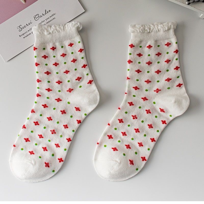 Picture of White Bubble Socks for Women, Mid-Calf Lolita Lace Long Socks, Student Socks, Strawberry Casual Versatile Socks