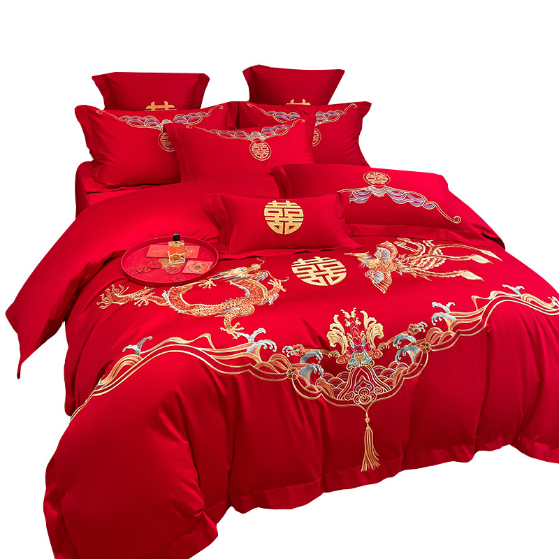 Picture of Chinese-style High-grade Wedding Four-piece Set Big Red Embroidered Wedding Dowry Quilt Cover Bed Sheet Newlywed Wedding Room Bedding