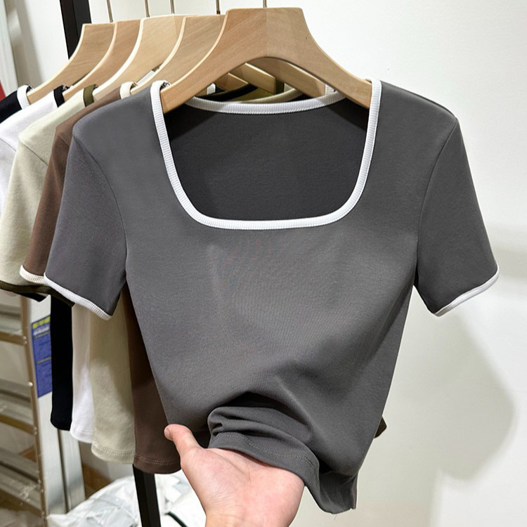 Short-sleeved T-shirt Women's Summer New Casual Square Collar Contrast Fashionable Base Shirt Inner Slim-fit Girl's Student Top