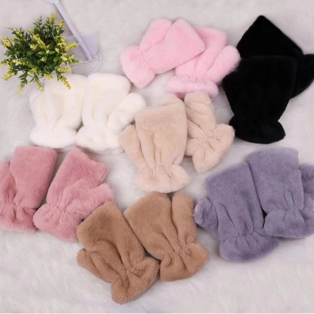Winter Half Pack Gloves Women's Autumn and Winter Korean Style Warm Gloves fleece-lined Thickened Solid Color Simple Adult Warm Gloves