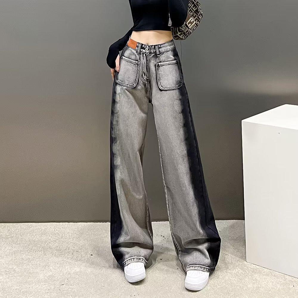 Gray black design high waist straight tube wide leg floor jeans ladies 2025 spring and summer new slimming cotton