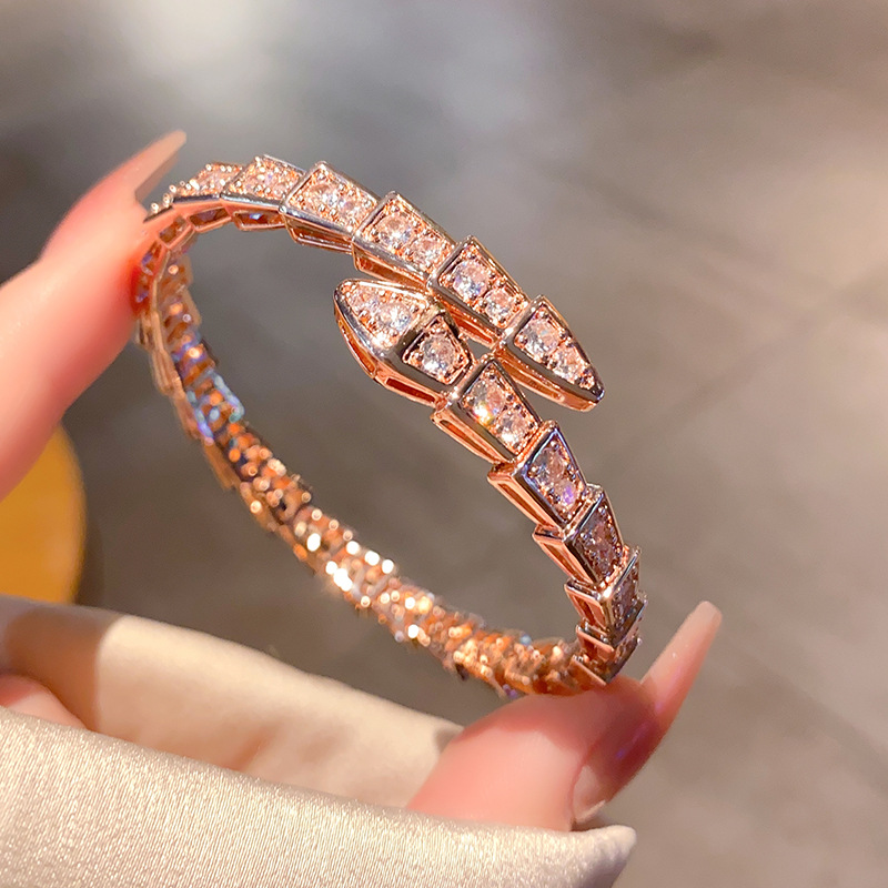 Picture of Factory direct thick gold spring full diamond snake bracelet women 18 rose gold open jewelry snake bone bracelet second generation hair