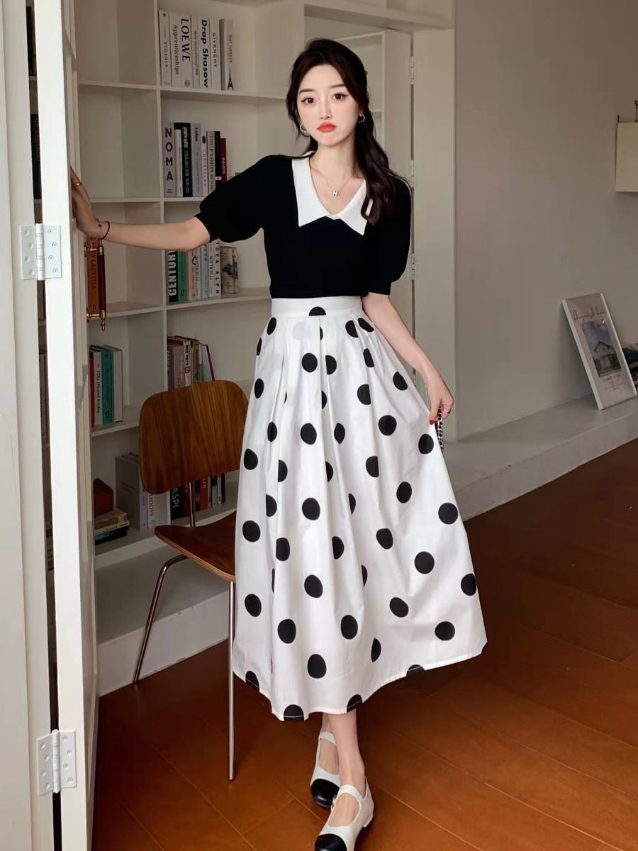 French Retro Hepburn Style Elegant High Waist Slimming Polka Dot Skirt Bubble Sleeve Top Two-Piece Suit Dress
