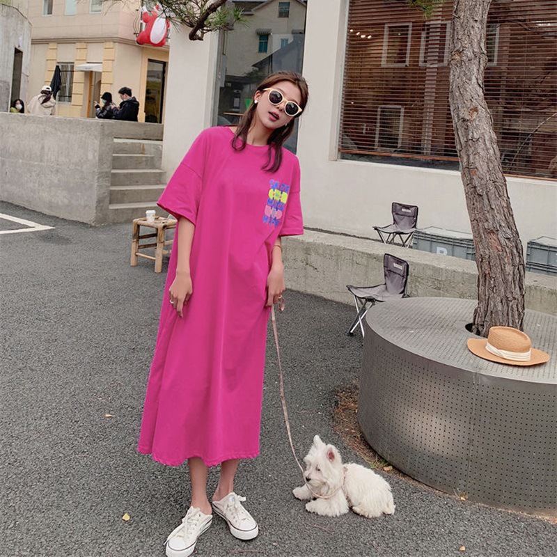 Picture of Korean Plus Size Women's Dress Summer Fat mm Long Short-Sleeved T-Shirt Women's Loose Slit Long Skirt Bottoming Shirt for Women
