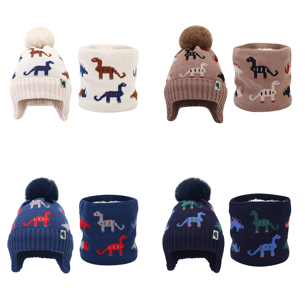 Picture of Cross-border Winter Children's Jacquard dinosaur fleece-lined knitted hat scarf suit boys' ear protection wool hat two-piece set