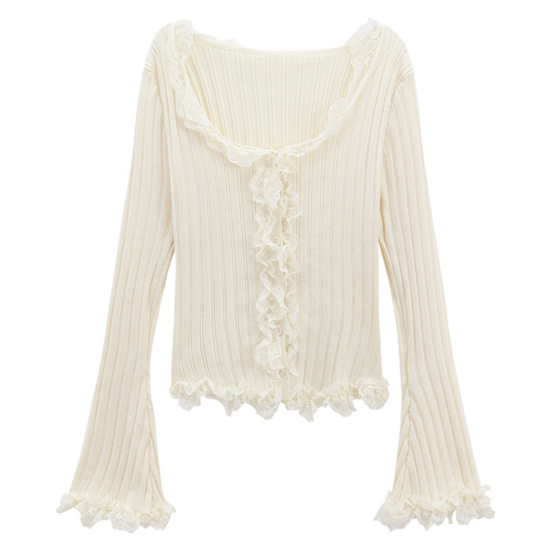 Picture of French Style Pure Lust Style Apricot Knitted Cardigan for Women Autum 2024 New Slim Short Spliced Lace Top