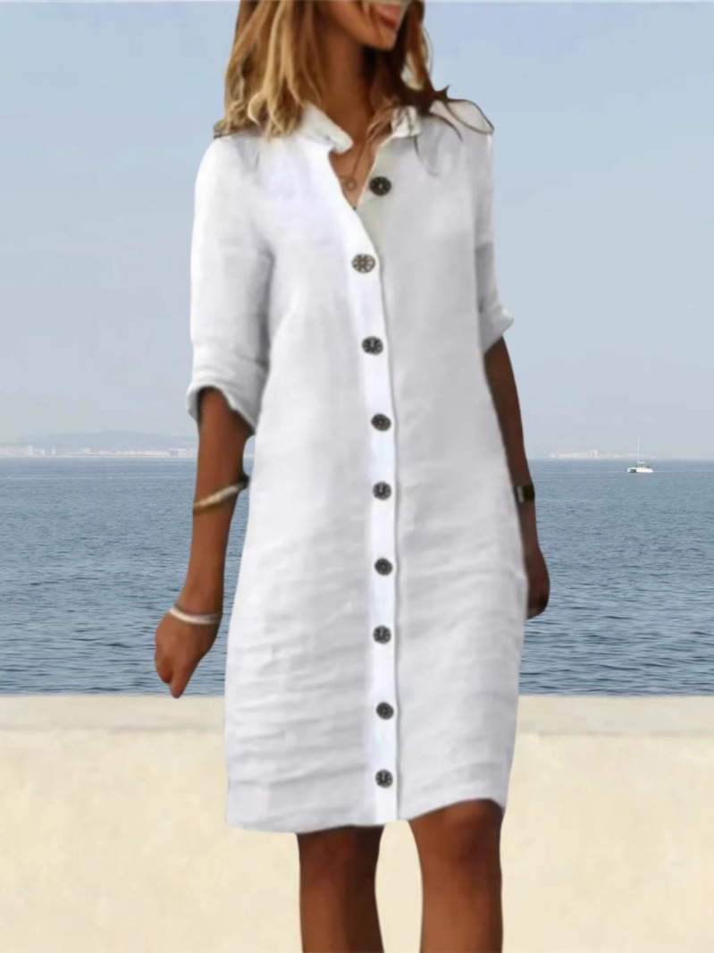Europe and the United States cross-border summer women's skirt 2024 new solid color cotton and linen seven sleeve fashion casual daily dress