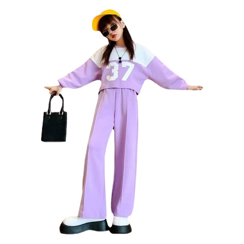 Girls' Sports Suit Spring and Autumn New Western Style Children's College Sweater Wide Leg Pants Two-piece Girl Student Suit