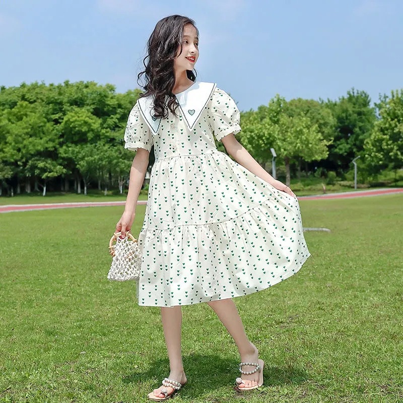 Girls' Summer Dress Stylish Children's Fashionable Girl's Princess Dress Puff Sleeve Mid-Big Children's Summer Floral Dress