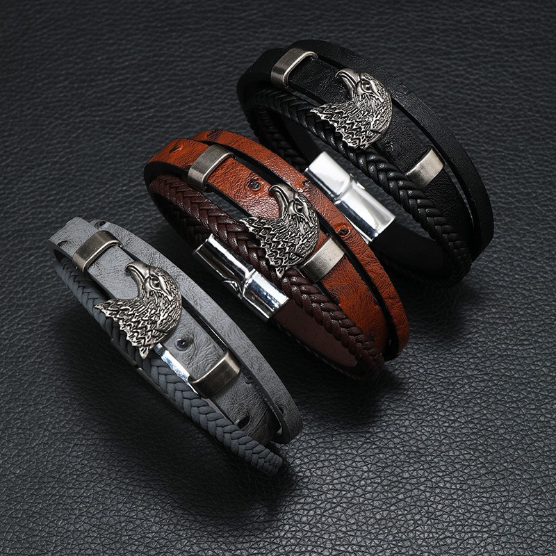 Cross-border New European and American Retro Fashion Eagle Alloy Magnetic Buckle Multi-layer Hand-woven Men's Leather Bracelet