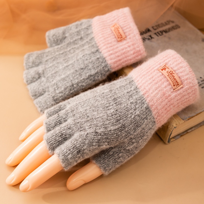 Picture of Korean half-finger wool gloves for women and students in autumn and winter plus velvet padded cycling writing cold and warm