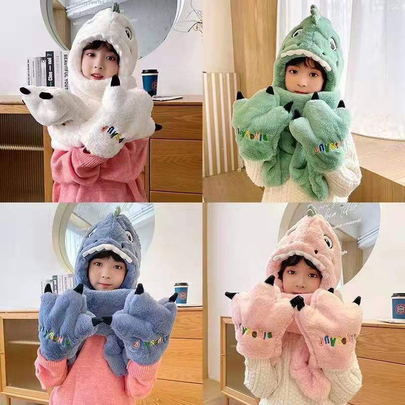 Picture of Children's winter hat scarf all-in-one Boys and Girls baby cute dinosaur warm plush padded gloves three-piece set