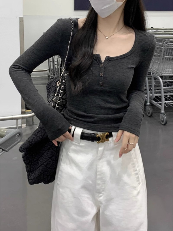 2024 spring and summer new sanding thickened T-shirt pure hot girl square collar long sleeve slim base shirt inner top
