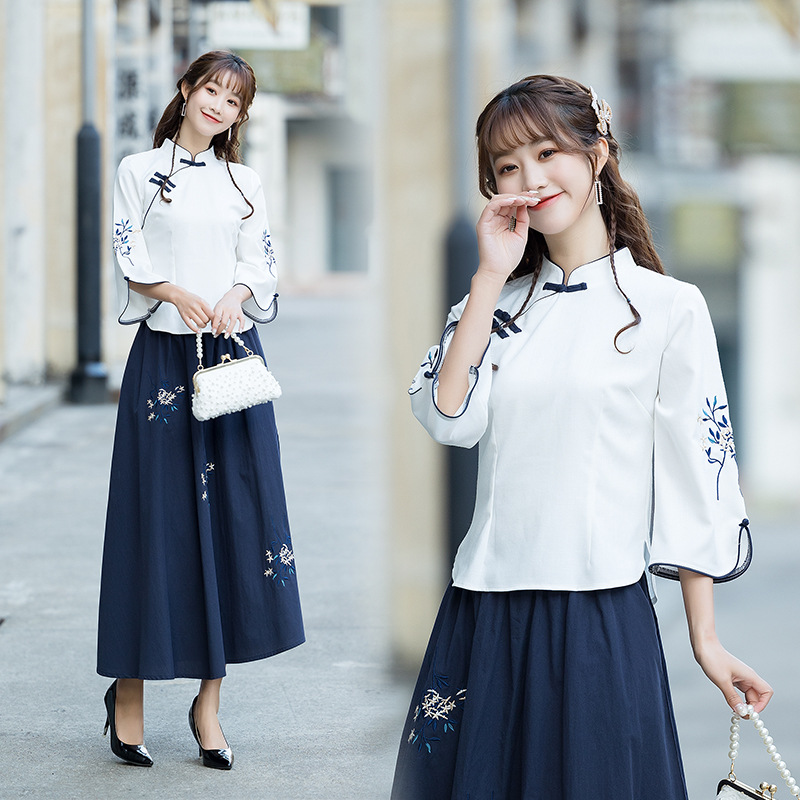 Picture of Improved Zen Tea Suit Top Embroidered with Cheongsam Style Chinese Style Three-Quarter Sleeves Bestie Outfit Stand Collar Plate Button Tang Suit Spring and Summer Zen Rhyme