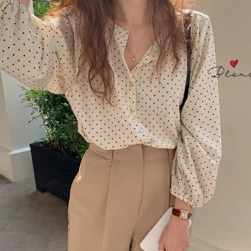 2021 Spring and Autumn New Salt Lantern Long-sleeved Dot Chiffon Shirt Women's Loose Design Sense Niche Light Mature Top