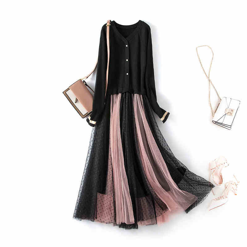 Picture of In stock autumn plus size women's clothing 2021 elegant slim-fit slimming knitted stitching dress chubby girl lace A- line skirt 817