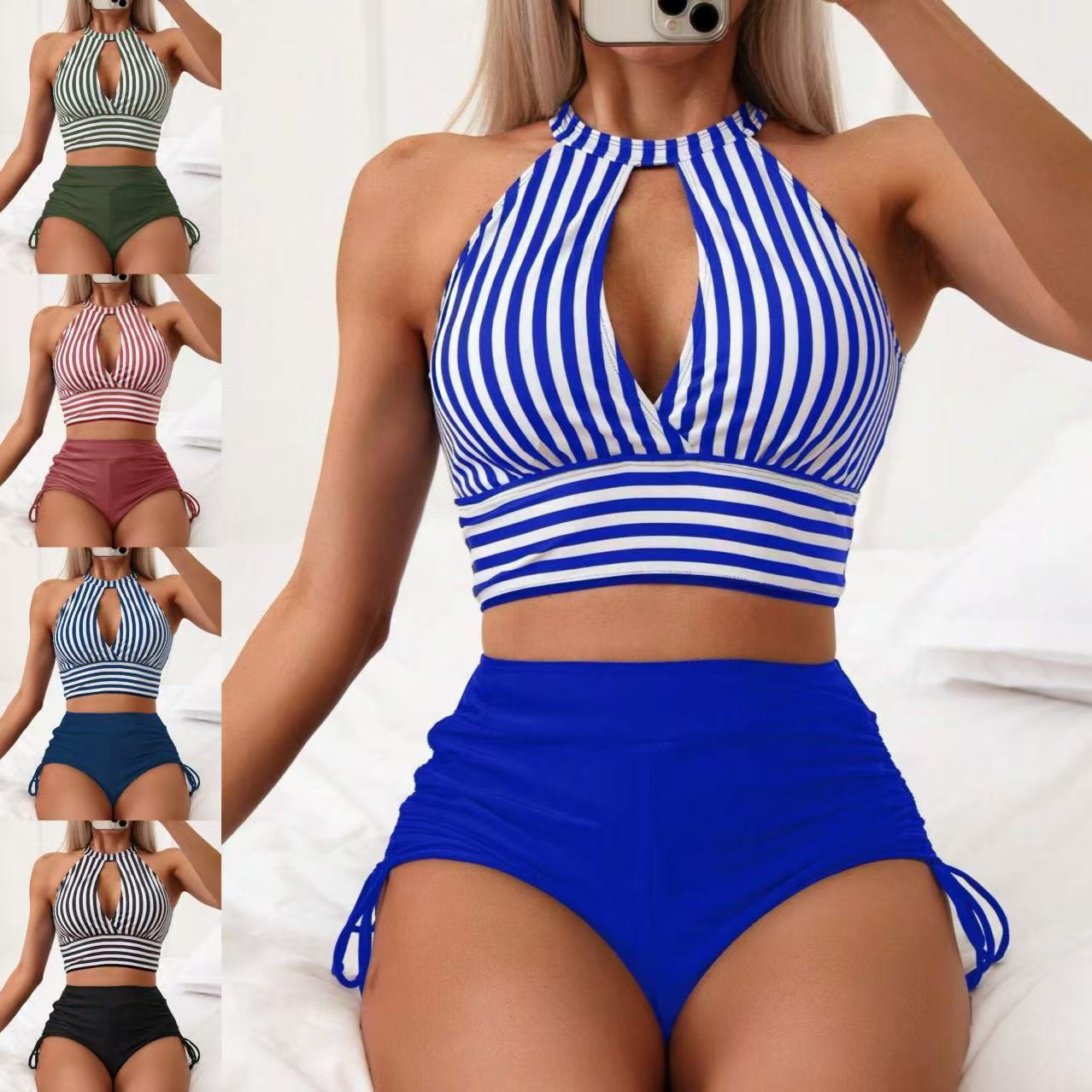 Cross-border 2025 Europe and the United States new high collar neck hollow Amazon bikini high waist striped split swimsuit wholesale