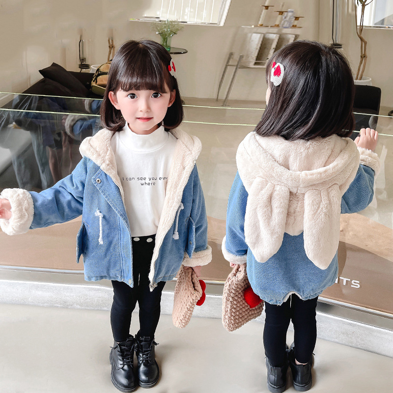 Foreign trade girls' rabbit fur Denim coat children's hooded rabbit ears casual coat children's winter thick cotton-padded coat