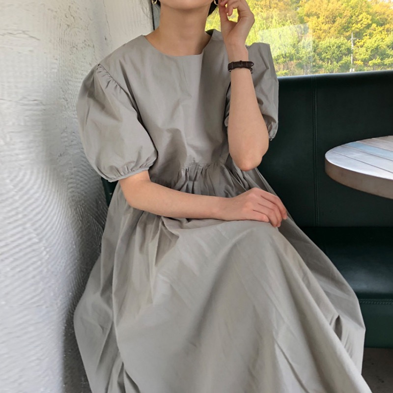 Grey Puff Sleeve dress Women's Summer New plus size chubby girl Design Flesh Covering Loose Sweet Over-the-knee Long Dress
