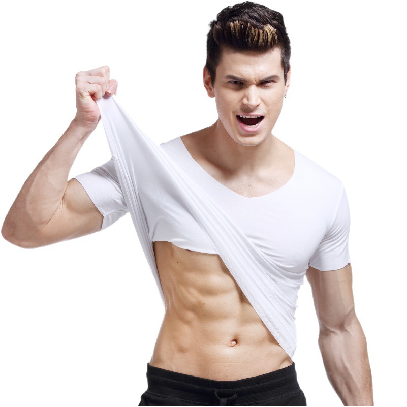 Summer Thin Men's Short-Sleeved T-Shirt V-Neck Solid Color Tight Men's Base Shirt Slim-Fit Seamless Underwear Handsome T-Shirt
