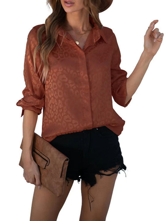 Picture of 2025 Europe and the United States Amazon cross-border new satin temperament commuter loose long sleeve jacquard leopard print shirt women