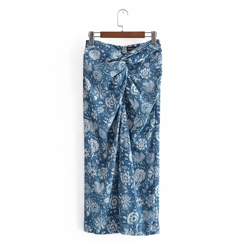 New High-Waist Printed Women's Pleated Skirt Textured Skirt Gauze Knot Retro Casual Elegant Cotton Skirt