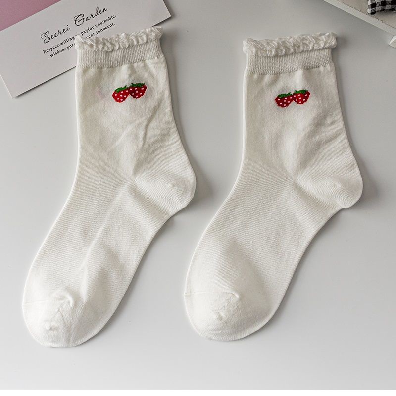 Picture of White Bubble Socks for Women, Mid-Calf Lolita Lace Long Socks, Student Socks, Strawberry Casual Versatile Socks
