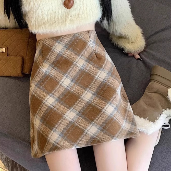 Spring Autumn Winter Red Plaid Woolen Skirt Women's Winter 2024 New Slimming High Waist Hip Skirt A