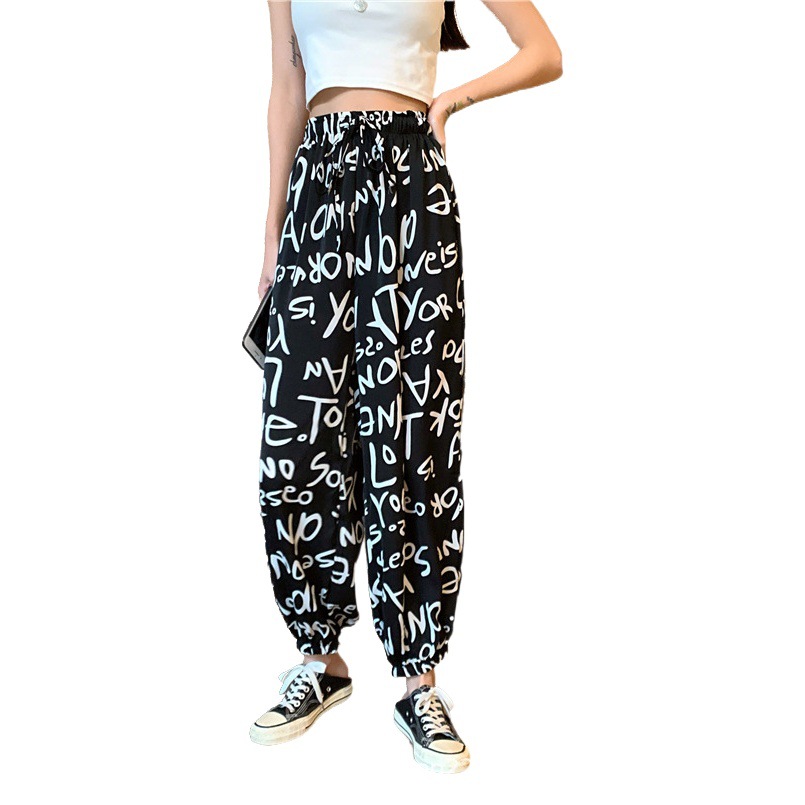 Chiffon Bloomers for Women Spring and Summer New Letter Printed Cool Pants Loose Leg-Tie Sports Casual Pants Cross-Border Y