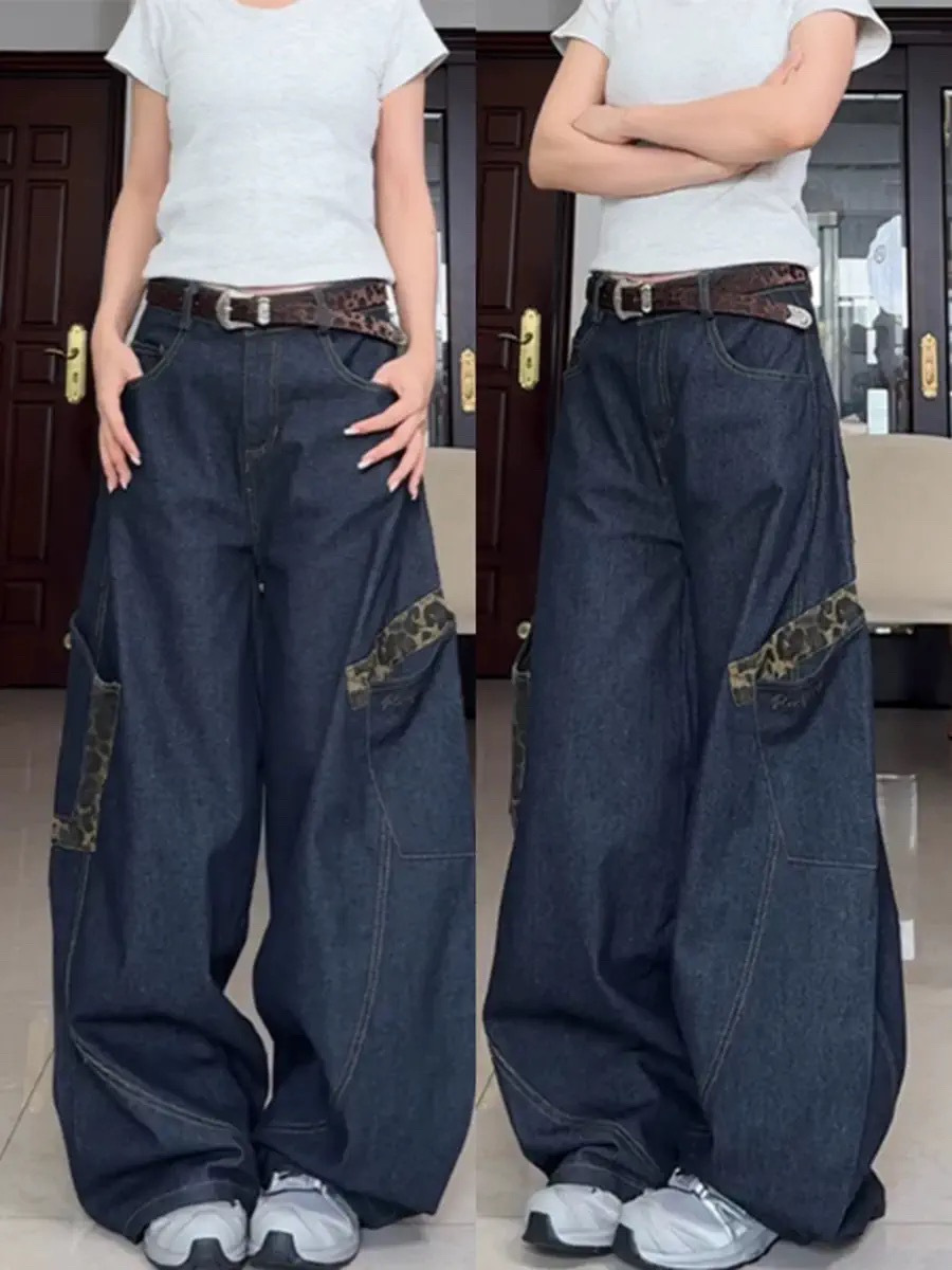 American Style Retro Profile Scimitar Jeans Women's Autumn 2024 New Design Sense Large Pocket Loose Wide Leg Pants