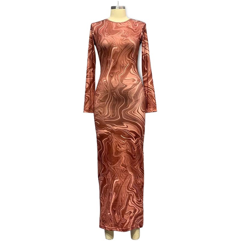 European and American style cross-border women's clothing 2023 autumn new long sleeve dress printed round neck slim mid-length dress women