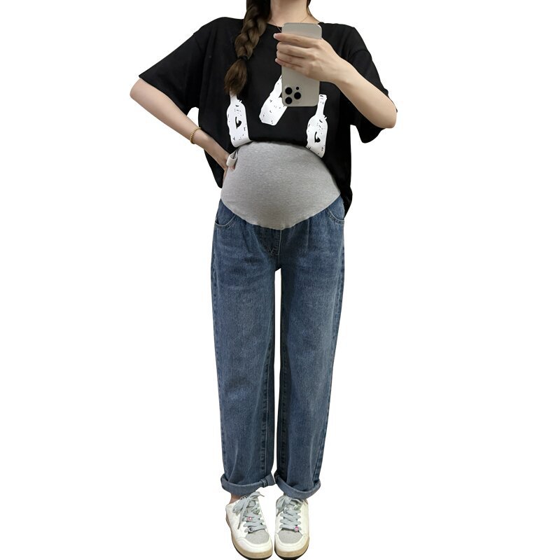 Picture of South Korea Pregnant Women's Jeans Spring and Autumn Wear Wide-leg Pants Straight High Waist Abdomen-supporting Pants Pregnant Women's Trendy Casual Pants