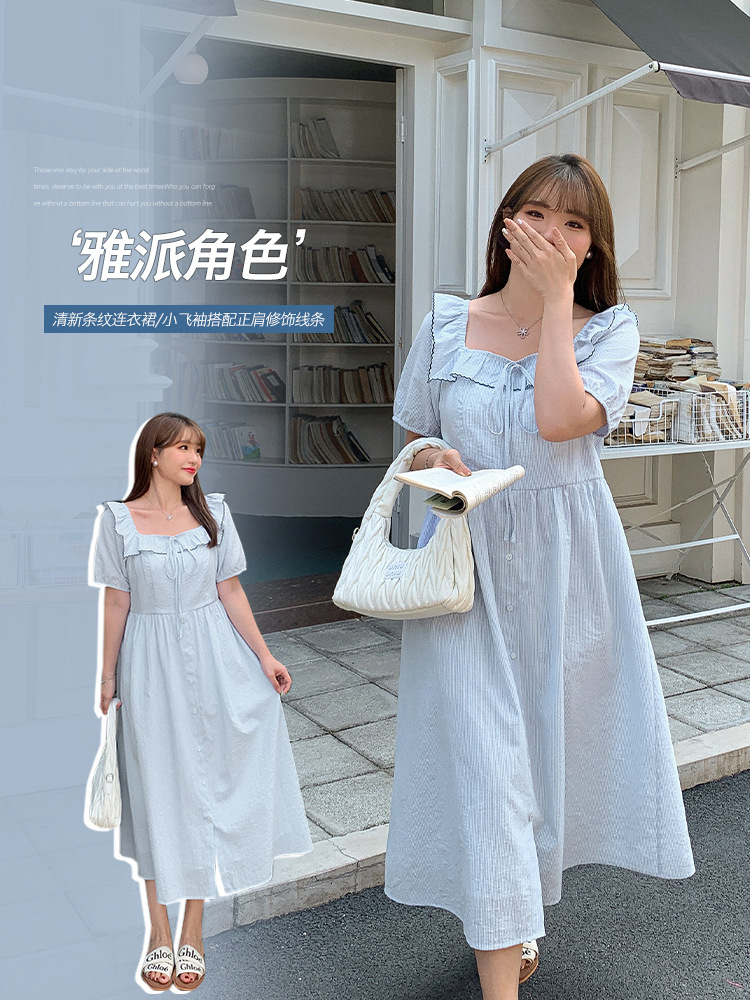 Picture of Tea Break French Dress Women's Summer Chubby Girl Plus Size Fungus Lace Square Collar Blue Striped Slim Look Skirt 63019