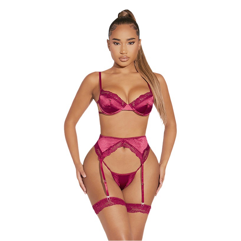 Underwear Set Sexy Lingerie Pure Desire Popular Spring European and American V Neck Glossy Lace Sexy Bra Four-Piece Set